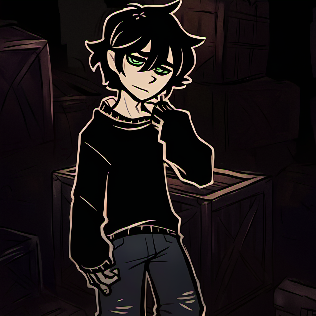 score_9,score_8,score_7,source_general,
by nemlei,the coffin of andy and leyley,
1boy,andrew graves,black hair,green eyes,sad,short hair,standing,crate,on crate,warehouse,pants,looking at viewer,hand on crate,shaking crate,
<lora:ponyxl-the_coffin_of_andy_and_leyley-style-v03:1>
