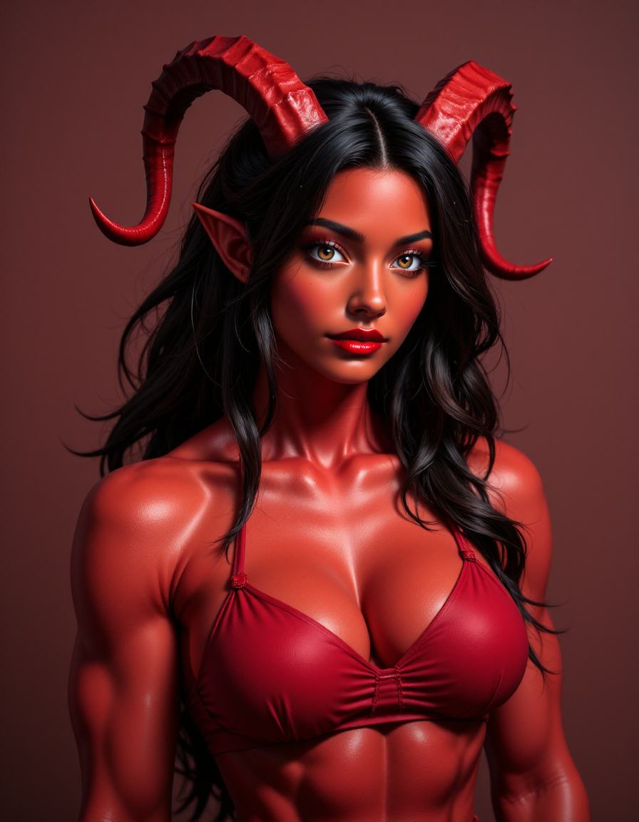 Jed-Tflng, brown eyes,  red lips,  tall muscular female Tiefling, large red curved horns, deep red skin , upper body portrait,  <lora:Tiefling_epoch_6:1>,