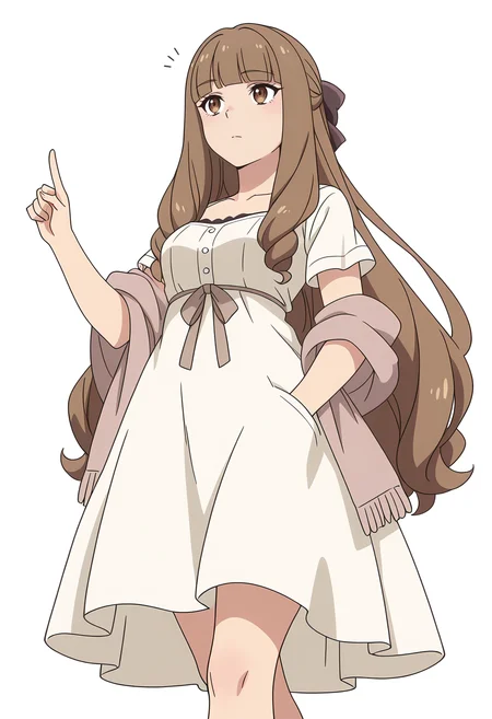 Smooth Quality,masterpiece,very intricate, high quality details, ultra realistic, high detailed skin,detailed enviorement,
white background, simple background,
from below,o o,pointing up,walking, one hand in pocket, looking aside, casual, confident, ,
<lora:Klyrode_Elizabeth_Cinabrio:0.8> klyrodeelizabeth/cnn, 1girl,brown hair, long hair,brown eyes, blunt bangs, very long hair,dress, short sleeves, white dress, shawl,hair bow,