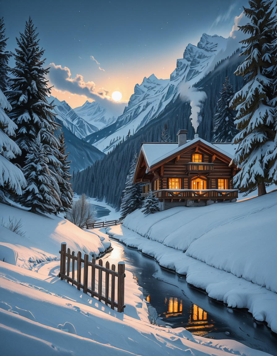 A stunning winter scene in the Tyrol region of Austria. A charming wooden chalet with traditional alpine architecture stands on a gentle snow-covered slope, surrounded by dense evergreen forests blanketed in fresh snow. The chaletâs warm interior lights glow softly through its large windows, creating a cozy contrast against the cool twilight hues of the sky. A plume of smoke drifts from the chimney, hinting at a roaring fireplace inside. In the foreground, a small wooden fence is partially buried under the snow, while a frozen river winds through the valley, reflecting the moonlight. Towering, snow-capped peaks of the Austrian Alps dominate the background, adding a breathtaking sense of grandeur. Snowflakes gently fall, adding movement and depth to the peaceful, picturesque scene. The image is hyper-realistic, capturing the intricate textures of the wood, snow, and ice, with cinematic lighting that highlights the magical winter ambiance.
<lora:SDXLFaeTastic2400:0.4> <lora:extremely_detailed:0.4> extremely detailed,winter scene in the Tyr0l, <lora:winter_scene_in_the_Tyr0l-i:1>, Masterpiece,best quality,hi res,8k,hi res,8k,award winning,(sharp focus, intricate, highly detailed),
