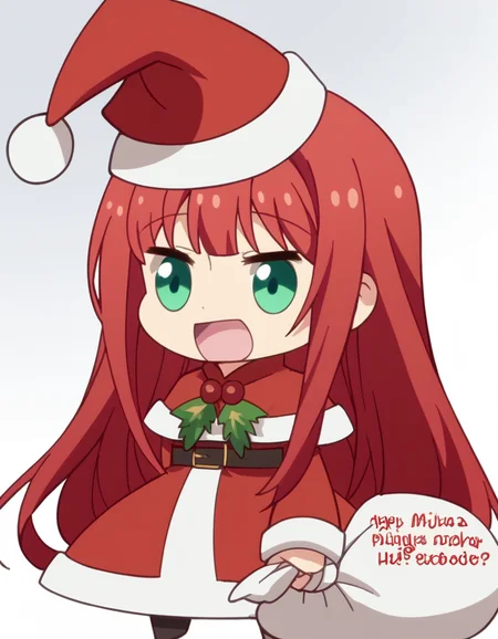 score_9, score_8_up, score_7_up, source_anime, <lora:yuki-minagawa-s1-ponyxl-lora-nochekaiser:1>, yuki minagawa, long hair, bangs, green eyes, red hair, medium breasts, anime screencap, <lora:padoru-ponyxl-lora-nochekaiser:1>, padoru, padoru (meme), holding sack, sack, santa hat, meme, christmas, open mouth, chibi, red capelet, santa dress, capelet, fur-trimmed headwear,, , dutch angle, cowboy shot