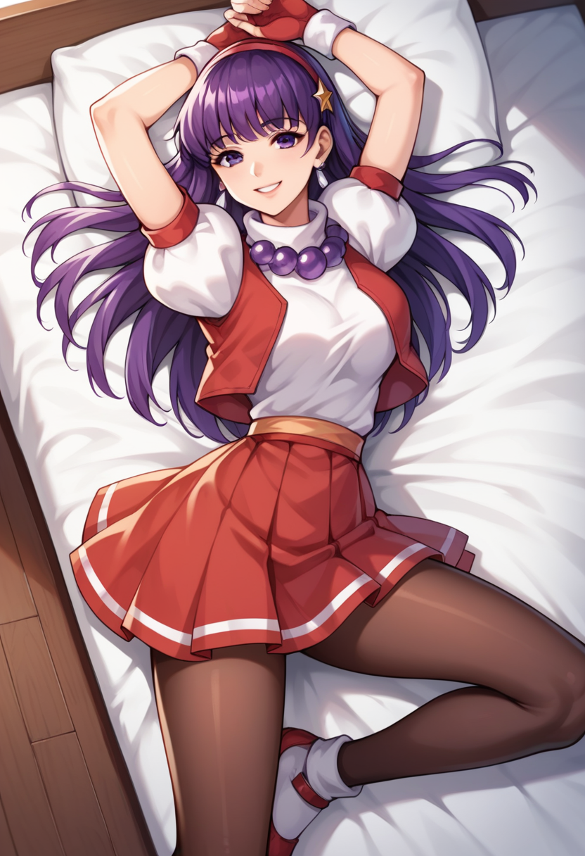 score_9, score_8_up, score_7_up, score_6_up, source_anime BREAK   <lora:Athena97:1>,  Athenakof97, long hair, purple hair, purple eyes, red hairband, pearl necklace, puffy sleeves, short sleeves, open vest, skirt, pantyhose, fingerless gloves,   1 girl, seductive smile, lying, on bed, from above, breasts,