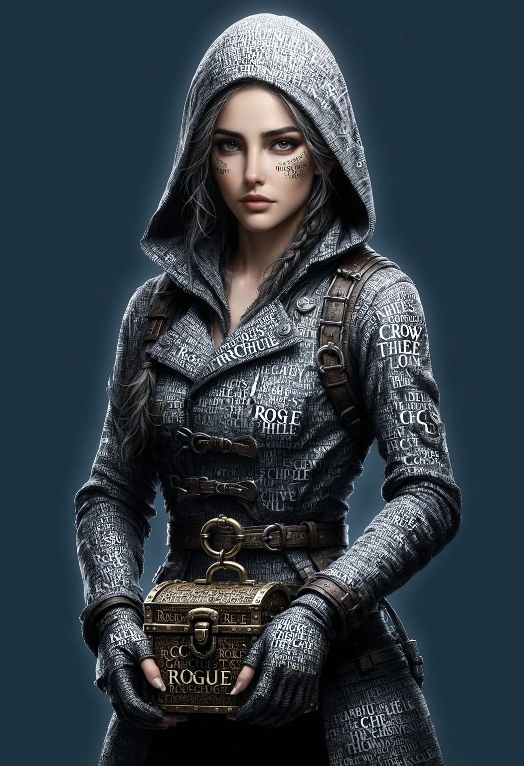 Rogue made of dvr-txt with a background in navigation and thievery. She's as comfortable in the crow's nest as she is picking the lock on a treasure chest. Her keen eyes spot schools of fish (and trouble) from miles away, logo text "Rogue" <lora:dvr-txt:1>