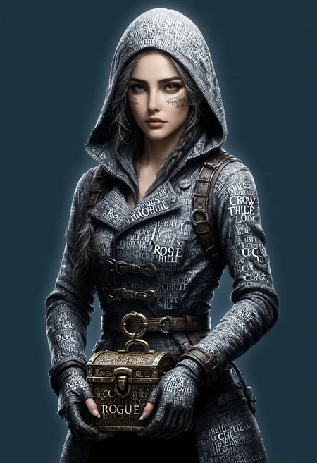 Rogue made of dvr-txt with a background in navigation and thievery. She's as comfortable in the crow's nest as she is picking the lock on a treasure chest. Her keen eyes spot schools of fish (and trouble) from miles away, logo text "Rogue" <lora:dvr-txt:1>