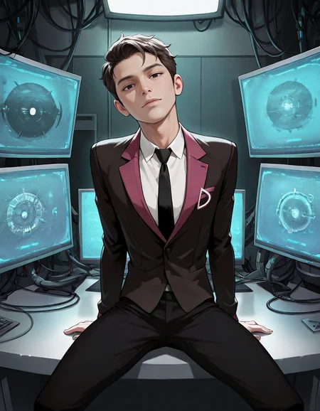 masterpiece, best quality, newest, perfect quality, best quality, detailed background, intricate details, male focus, realistic, tech lab, monitors, <lora:Helluva Boss - Agent One - Illustrious-000006:0.8>, agent1, 1boy, brown hair, black eyes, two-tone suit jacket, white shirt, black necktie, black pants, head tilt, looking at viewer, behind desk