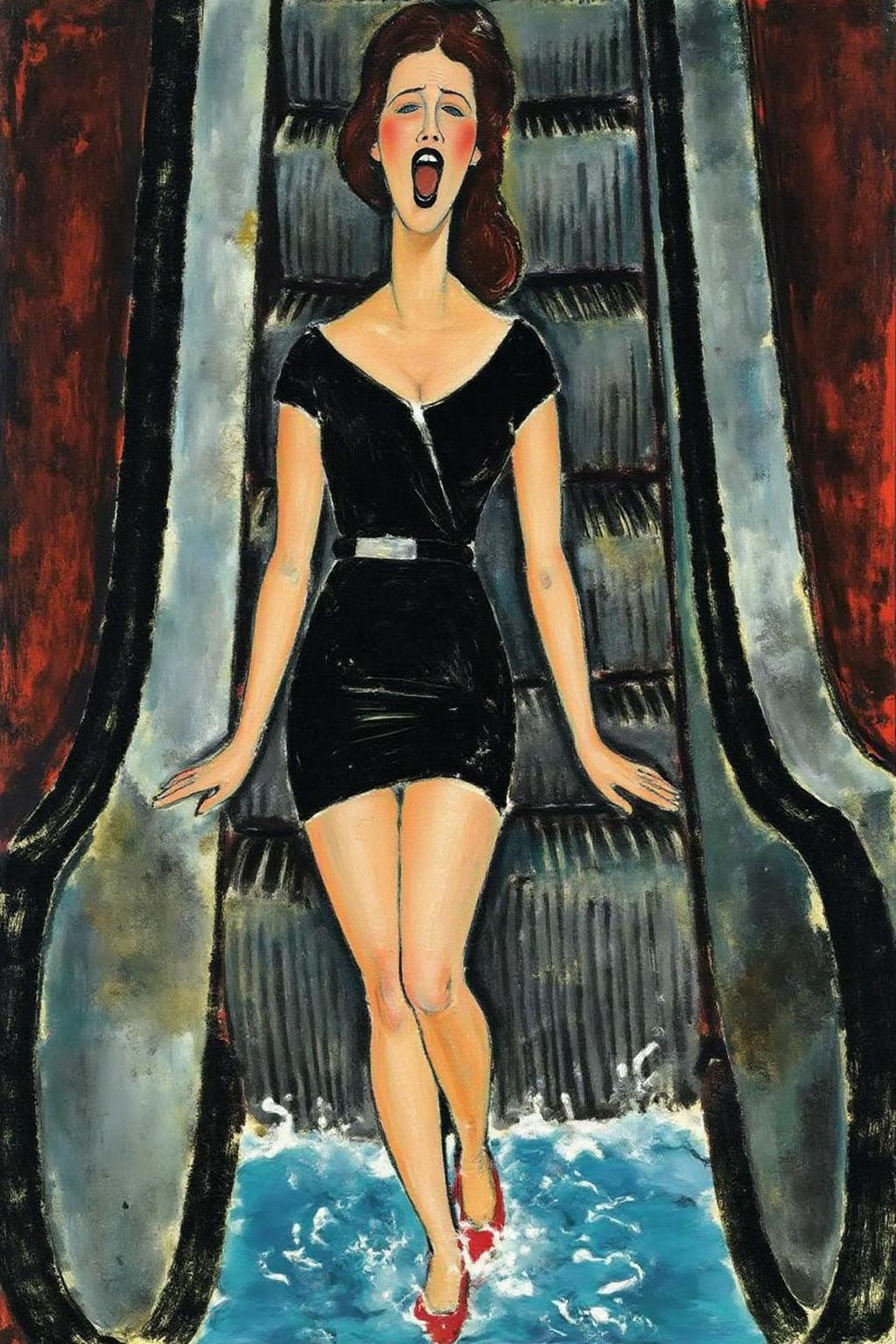 amedeomodigliani1 painting.
A woman in a chic little black dress and red high heels, gracefully descending an escalator. She wears black lipstick and is screaming. The escalator leads downwards into a pool of rippling blue water. <lora:amedeomodigliani1_cap_d6a3e8:1.0><lora:847286172114790543:0>