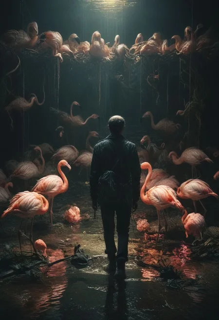 Death & Flamingos , sad environment, Dark, melancholic, Epic, hyper detailed, ultra realistic, top dramatic lights, dynamic shadows