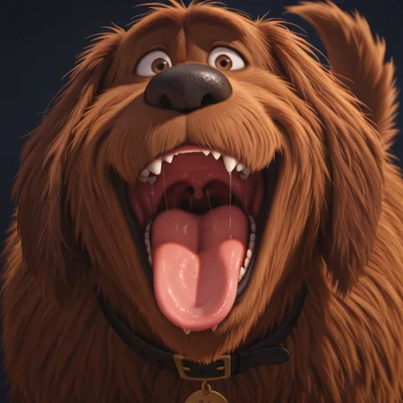 Duke(TSLoP), Solo, 1boy, feral, dog, brown fur, brown eyes, shaggy fur, dog tail, black nose, black collar, gold tag, looking at viewer, throat, mouth shot, mawshot, open mouth, saliva, tongue, uvula,