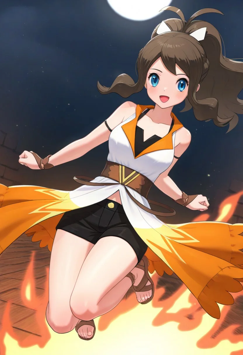 2d, masterpiece, best quality, amazing quality, highres, absurdres, newest, 1girl, solo, jumping, full_body, close-up, flame_background, medium breasts, syghilda, blue eyes, brown hair, sidelocks, high ponytail, antenna hair, sleeveless dress, showgirl skirt, multicolored dress, white dress, orange dress, v-neck, bridal gauntlets, bracelet, black shorts, short shorts, sandals, brown footwear, block heels