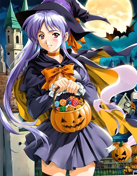 score_9,score_8_up,score_7_up,source_anime,1girl,solo,halloween costume,halloween,trick or treat,witch,pumpkin hat,witch hat,food-themed hair ornament,pumpkin hair ornament,orange choker,cape,silk,orange ribbon,thighhighs,swirl lollipop,black legwear,jack-o'-lantern,basket,holding lantern,halloween bucket,holding vegetable,sweets,candy,candy cane,cookie,silhouette,bat,ghost,black cat,pumpkin,castle,pennant,clock tower,church,cross,graveyard,tombstone,coffin,town,gate,bare tree,spider web,night sky,full moon,moonlight,looking at viewer,smile,:d,light_blush,<lora:pony_XL_takabe:0.9>,takabe,