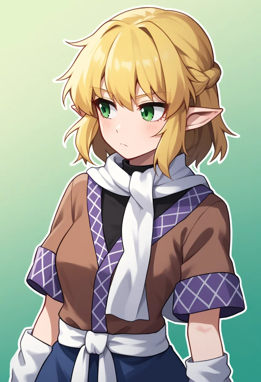 score_9,score_8_up,score_7_up,<lora:touhou_146:1>,1girl, arm_warmers, black_outline, black_shirt, blonde_hair, blush, breasts, brown_shirt, closed_mouth, commentary, cowboy_shot, expressionless, gradient_background, green_background, green_eyes, highres, looking_to_the_side, medium_breasts, mizuhashi_parsee, outline, pointy_ears, sash, scarf, shirt, short_hair, solo, undershirt, white_sash, white_scarf