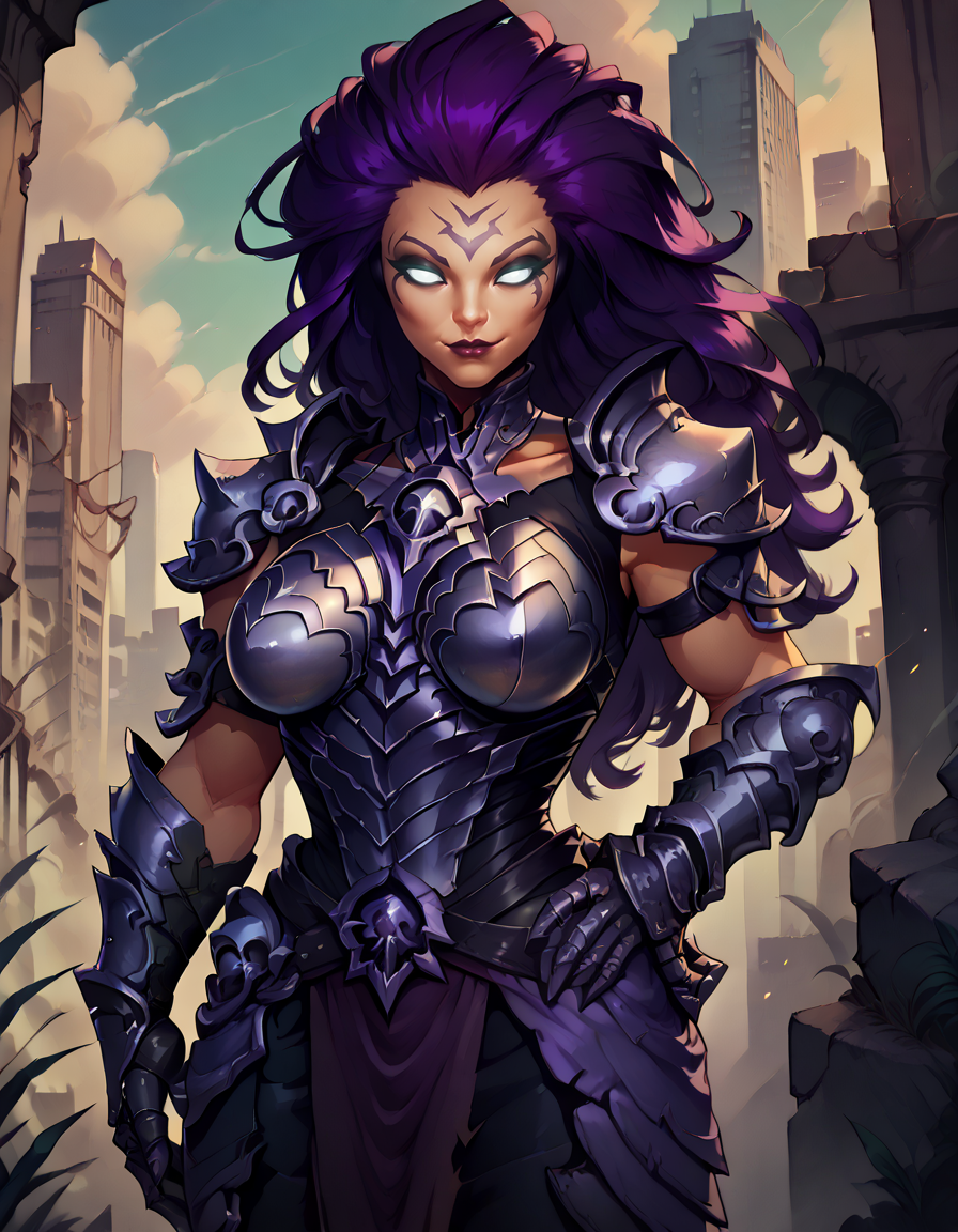 score_9, score_8_up, score_7_up,
1girl, solo,
large breasts, 
FuryDG,
purple hair, no pupils, white eyes, facial tattoo, lipstick, long hair,
armor, gorget, gauntlets, shoulder armor,breast plate, armored boots,
smile, closed mouth, half-closed eyes, glowing eyes, glowing,
ruins, city,
hand on own hip, 
 <lora:Fury DG PXL v01:1>