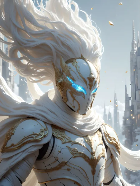 Monochrome with color, Action Scene, floating particles, billowing Hair, billowing Cape, Crystal clear atmosphere with sharp edges and high fidelity rendering, showcasing a cursed hkwarrior in gleaming, shattered white armor. The hkstyle armor has a glossy, pristine finish despite cracks revealing a faint inner glow. The focus is on a close-up of the ninja’s intricately designed helm, rendered with a modern art studio’s photographic precision. The helm’s shattered visor emits a piercing white-blue light, creating clean streaks as the warrior’s swift motion is captured. The samurai’s long, radiant hair flows perfectly, each strand sharply defined against a backdrop of a dystopian, white-washed metropolis with futuristic, glossy architecture in ruins. The background is crisp and clear, with sharp details even in the mist. No grain or blur; everything is rendered with modern studio lighting, revealing the glossy, polished surfaces and intricate design of the armor. The overall mood combines haunting beauty with powerful precision, captured in a modern, highly detailed, and strikingly realistic photograph. aidmaimageupgrader, aidmaMJ6.1m, detailmaximizer, mythp0rt <lora:aidmaImageUpgrader-FLUX-V0.2:1.0> <lora:flux.1_lora_flyway_Epic-detail_v2:0.8> <lora:aidmaMJ6.1_aidmaMJ6.1-FLUX-v0.4:0.6> <lora:v1v1dr34m:0.7> <lora:mythp0rt_FluxMythP0rtr4itStyle:0.7> <lora:Dreamy_Illustrations_FLUX_LoRA-000001:0.5>