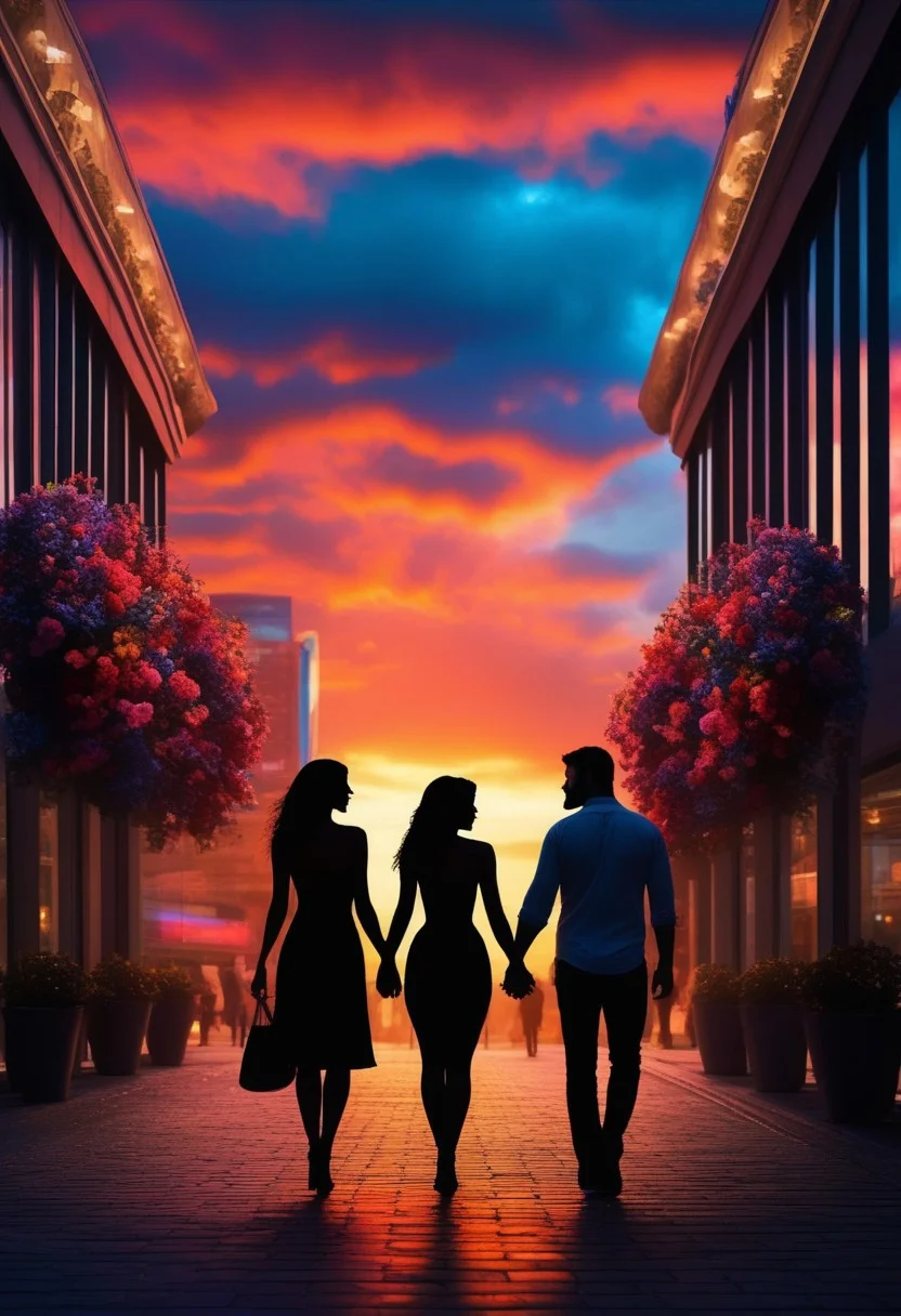 Silouette of a couple in love. Man (45 years with beard) and a sexy woman with tight dress. Standing in the middle of the street of a shopping mall. Left and right shops. The entrance to the shops is decorated with many colorful flowers. The lovers hug and kiss. In the background you can see the sun setting. The sky is dominated by warm colors such as orange, red and blue.perfection style, vivid colors, colorful, vivid background, holographic, building, sky, sciencefiction, ImaginaryCityScapes, midjourneyv6.1, WhiteMold. black background.