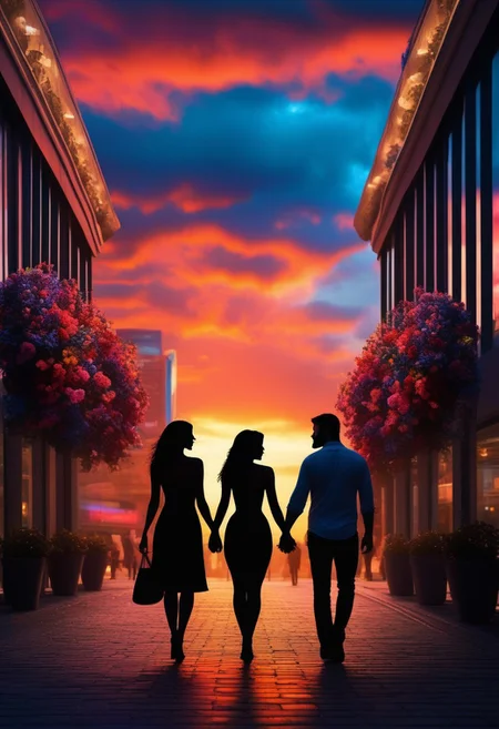 Silouette of a couple in love. Man (45 years with beard) and a sexy woman with tight dress. Standing in the middle of the street of a shopping mall. Left and right shops. The entrance to the shops is decorated with many colorful flowers. The lovers hug and kiss. In the background you can see the sun setting. The sky is dominated by warm colors such as orange, red and blue.perfection style, vivid colors, colorful, vivid background, holographic, building, sky, sciencefiction, ImaginaryCityScapes, midjourneyv6.1, WhiteMold. black background.