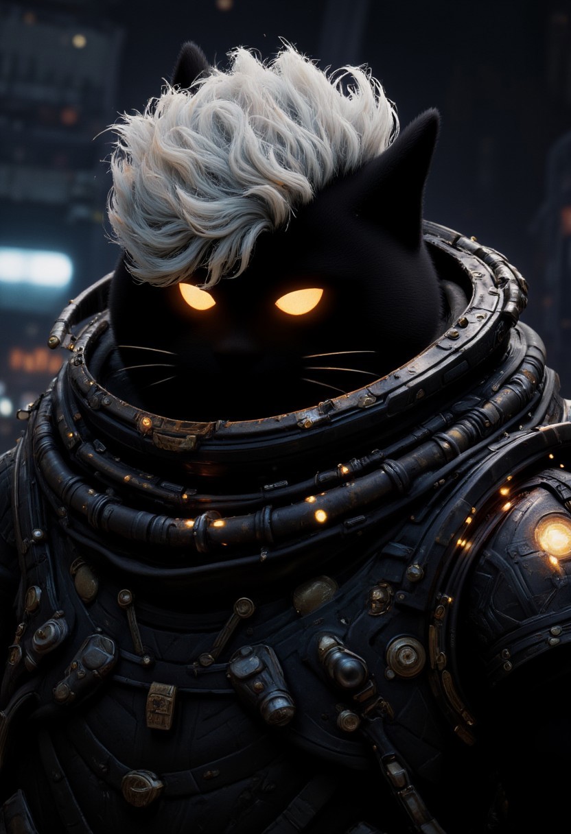 A fierce black silhouette, anthropomorphic cat bounty hunter close-up, exuding an aura of confidence and mystery. She has short, tousled white fur with battle scars and a hardened expression that hints at past confrontations. Her striking pastel-colored hair is styled in a spiky undercut, adorned with metallic studs and small trophies from her conquests. She wears a fitted, dark-toned space suit, accented with glowing circuitry and pockets filled with high-tech gadgets, giving off a gritty, urban vibe. The scene is dimly lit, with only the flickering lights of her gear illuminating her determined gaze. The image is high quality and hyper-detailed, capturing the intensity of her character and the weight of her past battles.