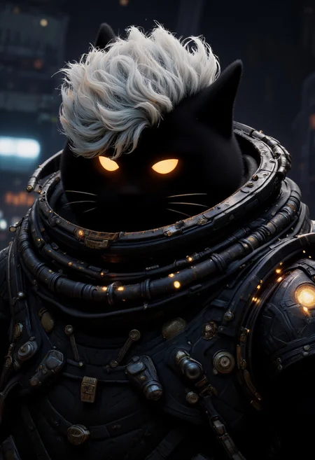 A fierce black silhouette, anthropomorphic cat bounty hunter close-up, exuding an aura of confidence and mystery. She has short, tousled white fur with battle scars and a hardened expression that hints at past confrontations. Her striking pastel-colored hair is styled in a spiky undercut, adorned with metallic studs and small trophies from her conquests. She wears a fitted, dark-toned space suit, accented with glowing circuitry and pockets filled with high-tech gadgets, giving off a gritty, urban vibe. The scene is dimly lit, with only the flickering lights of her gear illuminating her determined gaze. The image is high quality and hyper-detailed, capturing the intensity of her character and the weight of her past battles.