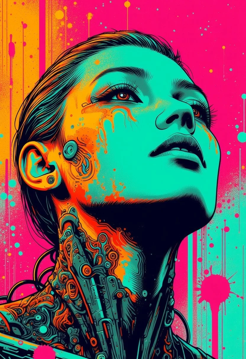A futuristic young woman with a bold, cyberpunk aesthetic gazes {upward|downward|left|right|askance}. Her pale white porcelain face is a fusion of human and machine, with intricate robotic components seamlessly integrated along her jawline and neck, giving her a sleek, biomechanical appearance. The tattoos on her neck blend into the metallic plating of her cyborg enhancements, while her vibrant {green and yellow|red and yellow|blue and yellow|yellow|red|blue|green|multicoloured} hair sharply contrasts against the glowing neon-{red|pink|blue|yellow|green|purple|orange} background with multicolour paint splatters, creating an electrifying and edgy visual.