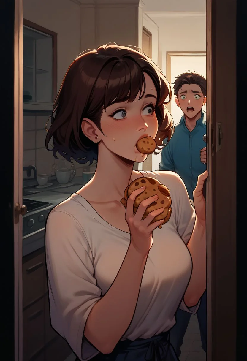 score_9, score_8_up, score_7_up, hi_res, anime_source, walk-in caught, 1girl, woman eating cookies in kitchen at night, man in door way, he has a shocked expression, cinematic lighting, masterpiece, high res, intricate details