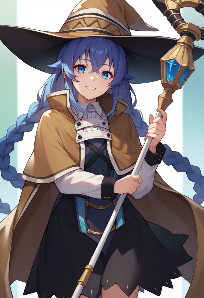 score_9, score_8_up, score_7_up, source_anime, solo, 1girl, roxy migurdia, smile, looking at viewer, holding staff, twin braids, witch hat, brown cape, shirt, long sleeves, black skirt <lora:mushokutensei_roxymigurdia_ponyXL:1>