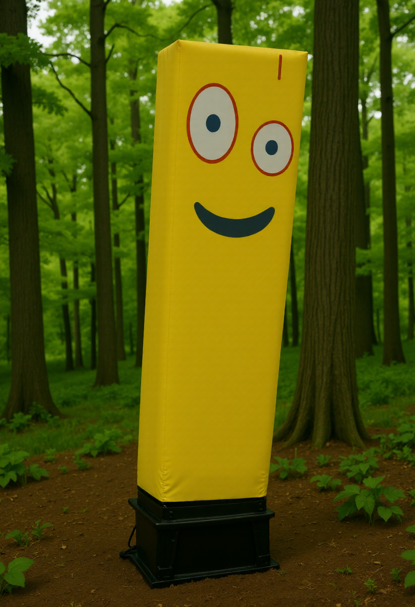<lora:Wacky_Waving_Inflatable_Arm_Flux_Man-000009:1> <lora:Plank_-_Ed_Edd_n_Eddy_-_Flux:0.7>
The image is a photograph of a very tall, inflatable Plank from Ed, Edd n Eddy  standing in a forest setting.