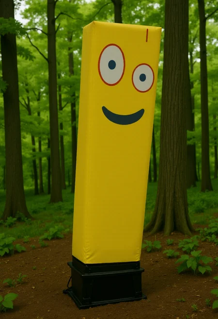 <lora:Wacky_Waving_Inflatable_Arm_Flux_Man-000009:1> <lora:Plank_-_Ed_Edd_n_Eddy_-_Flux:0.7>
The image is a photograph of a very tall, inflatable Plank from Ed, Edd n Eddy standing in a forest setting.