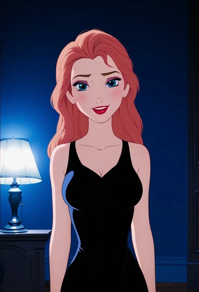 score_9, score_8_up, score_8, score_7_up, cartoon screencap, DisneyRenstyle, accurate_art_style, flat_color, flat_colors, 4k, extremely detailed, correct proportions, uncensored, BREAK, 1girl, elsa, hair down, loose hair, straight hair, strawberry blonde hair, sleeveless micro black dress, large breasts, looking at the viewer seductively, sexy smile, BREAK, indoors, dark modern bedroom at night, lamp lighting, warm glow from offscreen, BREAK, vibrant colors, 85% dark lighting, 50% studio lighting, 50% soft lighting