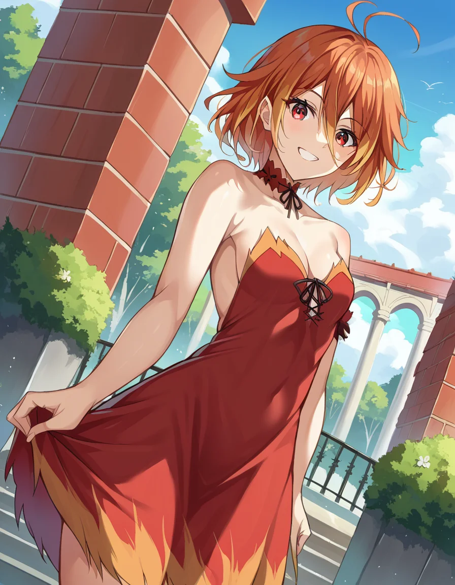score_9, score_8_up, score_7_up, source_anime,
amagisalama, <lora:amagi-salama-ponyxl-lora-nochekaiser:1>,
salama, orange hair, red eyes, short hair, ahoge,
bare shoulders, choker, dress, multicolored clothes, multicolored dress, orange dress, red choker, red dress,
outdoors, amusement park, smile,
looking at viewer, cowboy shot, dutch angle,