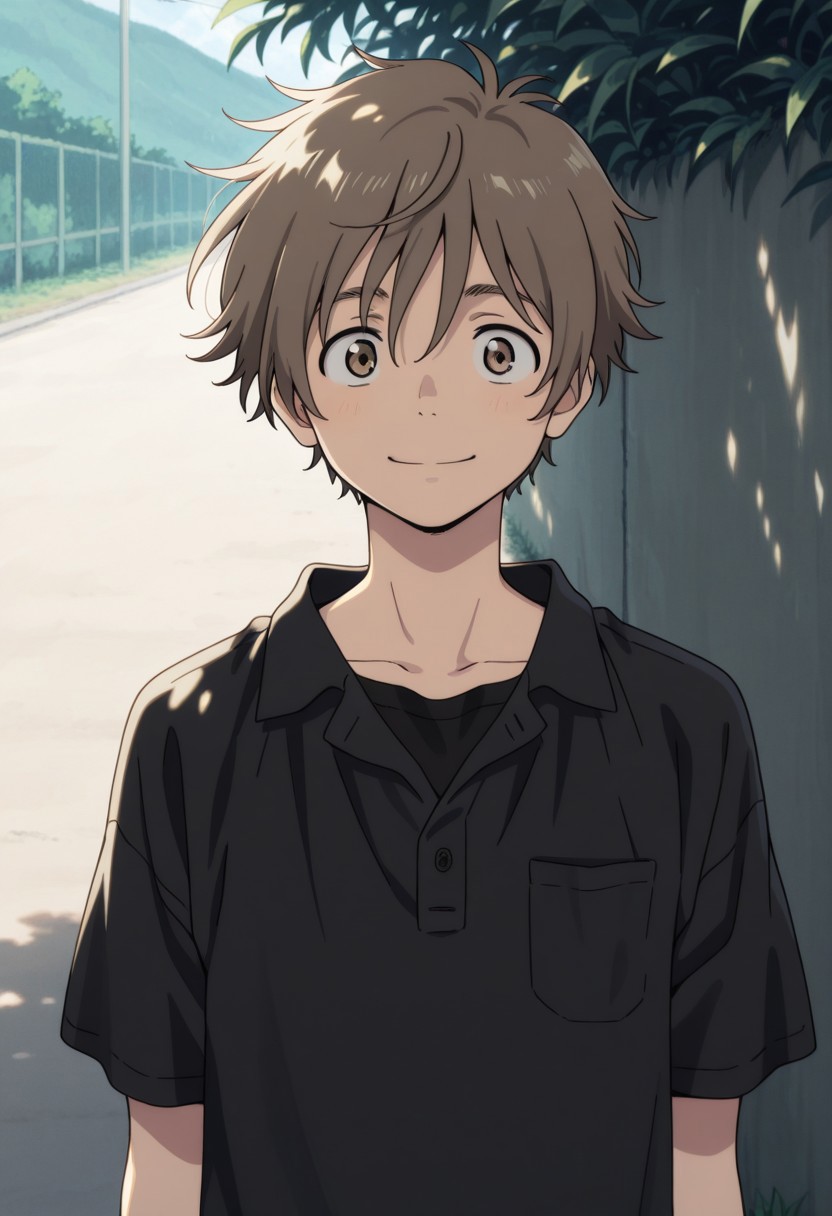 masterpiece,best quality,amazing quality, source_anime, 
shunhashimoto, 1boy, male focus, solo, brown eyes, brown hair, shirt, black shirt, collared shirt, short sleeves, outdoor, smile, looking at viewer,