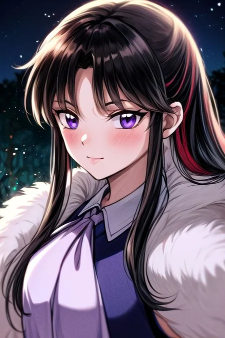 masterpiece, best quality 1girl Setsun4 solo long hair, (night time) forest background black hair very long hair purple eyes multicolored hair armor (fur trim) (medium body),<lora:EMS-179-EMS:0.800000>,<lora:EMS-293862-EMS:0.800000> bow, hair_bow, hair_tubes, red_bow, brown_hair, long_hair, bangs, ascot, frilled_bow, yellow_ascot, blush, smile, hair_between_eyes, athletic, armor, miko