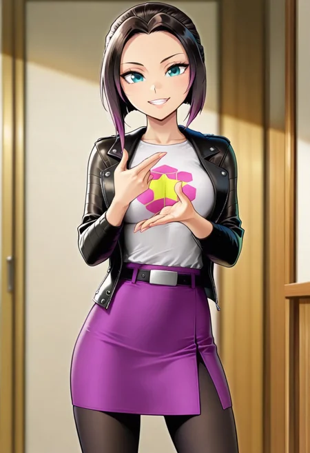 masterpiece, good quality, best quality, dynamic view, original style, screencap, TDPstyle
Zoe, blue eyes, black hair, purple tips, black leather jacket, white shirt, star shirt, purple skirt, black leggings, medium breast,
(solo, seducing, sexy pose, dynamic pose, looking at viewer, cowboy shot)