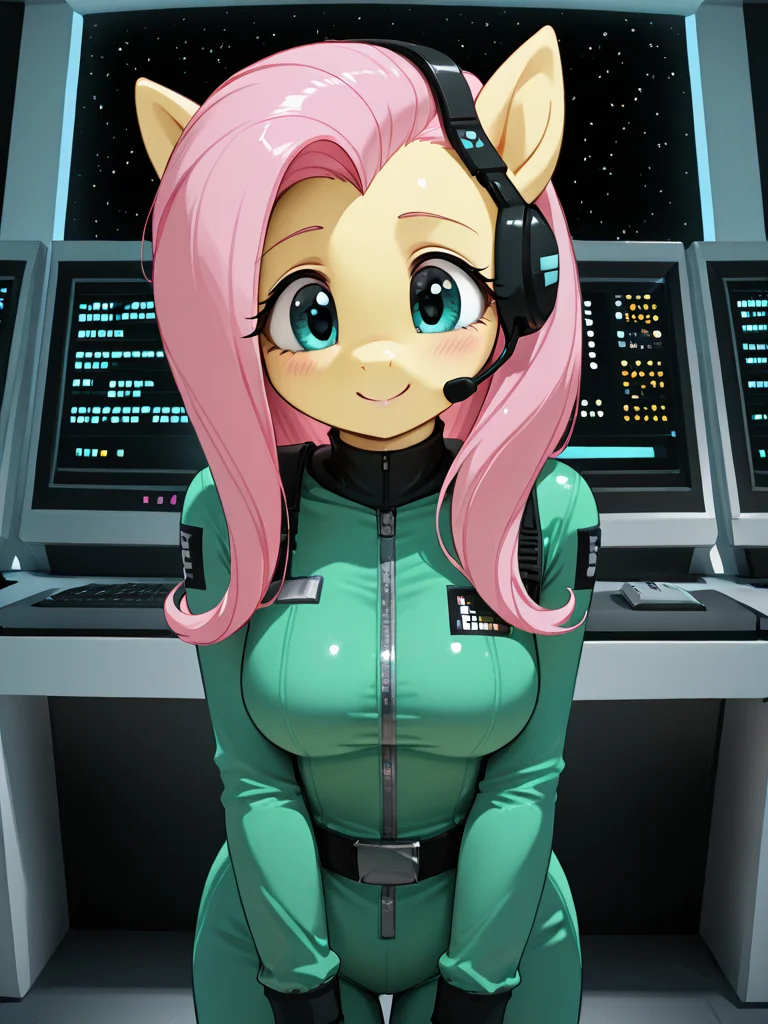 <lora:L4R50N-IL:0.7> L4R50N, ((spaceship interior)), computers, monitor screen, space, <lora:L4R50N-PONYXL:0.5> 1girl, solo, ((fluttershy, pony)), (mlp), skinsuit, jumpsuit, headset, (anthro pony), smile, talking, cute,