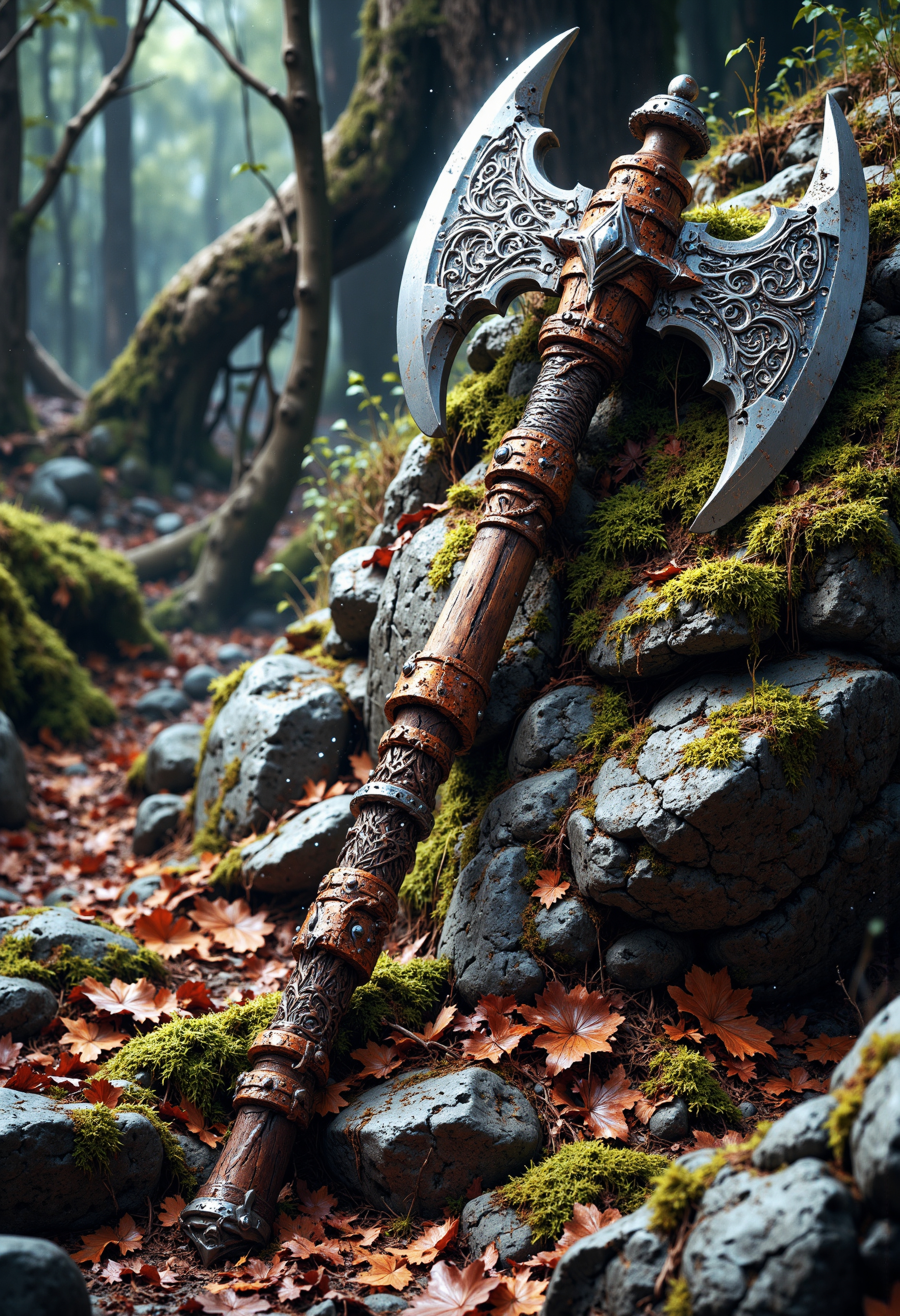 A hyper-realistic portrait, photorealistic photo close-up image of Hancient Viking huge two bladed battle axe with intricate carvings on the blade, leaning against a moss-covered stone in a dense, misty forest. The axe is weathered, with worn leather on the handle, but gleams with a fierce history. Ultra sharp detail, flawless composition, muted natural colors, 
High Definition HD, ancient warrior aesthetic, cinematic lighting, perfect outdoor realism, bokeh.(photography, high-resolution, dynamic, energetic,hyper-realistic, dramatic lighting, shallow depth of field.) Mystic smoke and lights.