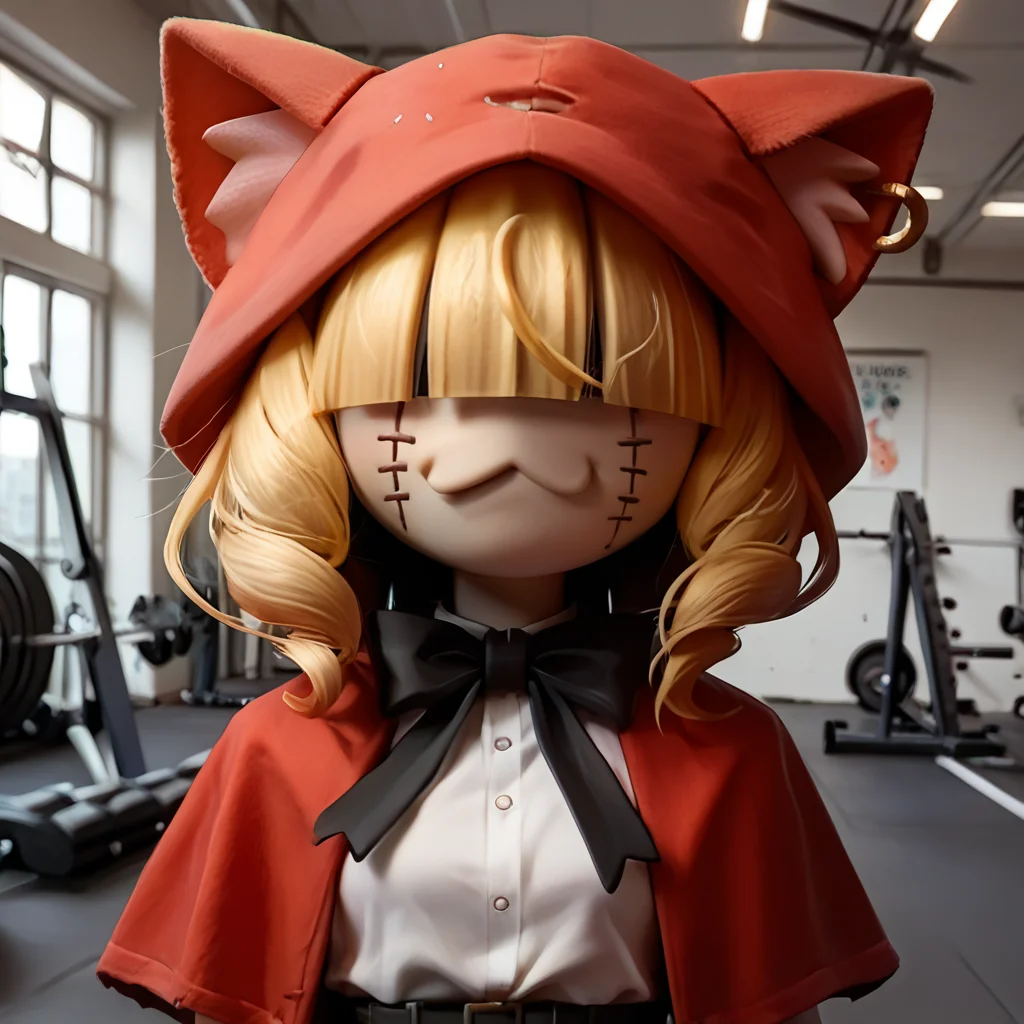 score_9, score_8_up, score_7_up, score_6_up, score_5_up, score_4_up, rating_safe,1girl,solo,chaperomon,hair over eyes,stitches,zPDXL2, <lora:ChaperomonPony:0.95>, source_anime,anime coloring,necoarc,cat ears,chibi,slit eyes,red eyes,:3,upper body,indoors,gym, <lora:necoarc-guy-PONYv1_1:0.95>