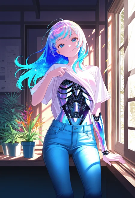 mechabare, original, artist:[grandia lee|san mufan|hataya|itou (onsoku tassha)|yoneyama mai|diyokama|fuzichoco],
1girl, mechanical arm, mechanical parts, standing, colorful, [opal:pearl:0.5] parts, [opal:mechanical:0.5] eyes, (long eyelashes:0.6), looking at viewer, smile, head tilt, ultraviolet light, robot parts, sitting, t-shirt, jeans, iridescent hair, long hair, soft focus, indoors, potted plant, living clothes, dappled sunlight, day, open window, shirt lift, wind,
masterpeice, best quality, very aesthetic, absurdres