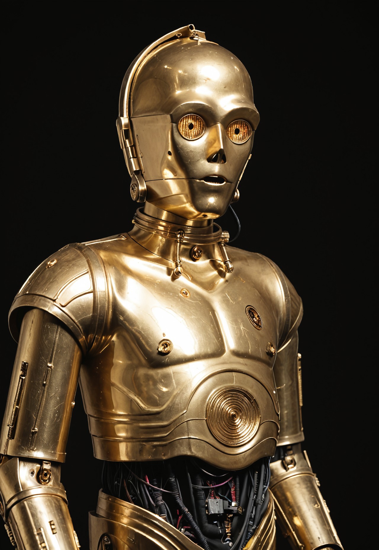 score_9_up, score_8_up, score_7_up, realism, 
1boy, c3po, android, robot male, golden metallic skin, golden eyes, black midriff with wiring, standing, arms wide, curious, looking at viewer, standing, cowboy shot, close-up, upper body, 
indoor, in a photostudio, black walls, day time, best quality, dynamic pose, masterpiece, natural lighting, lots of details, high resolution, 8K, colorful, dynamic shot, black background,