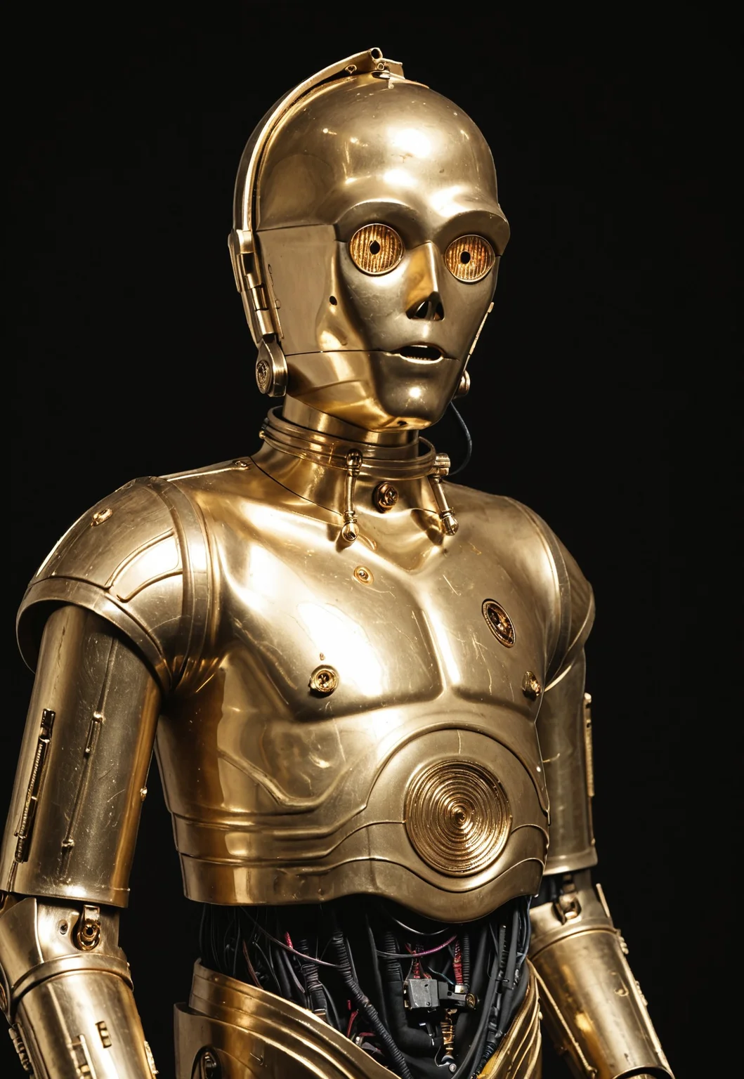 score_9_up, score_8_up, score_7_up, realism, 
1boy, c3po, android, robot male, golden metallic skin, golden eyes, black midriff with wiring, standing, arms wide, curious, looking at viewer, standing, cowboy shot, close-up, upper body, 
indoor, in a photostudio, black walls, day time, best quality, dynamic pose, masterpiece, natural lighting, lots of details, high resolution, 8K, colorful, dynamic shot, black background,
