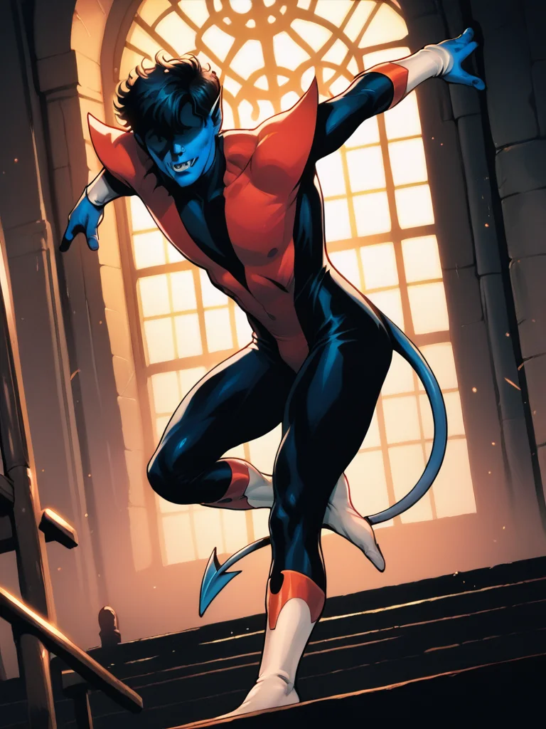 score_9, score_8_up, score_7_up, epic pose, from side, cowboy shot, dynamic pose, detailed background, dark room, church, leaning forward,
<lora:Nightcrawler_character:1>, NightcrawlerXL, 1boy, blue skin, colored skin, black hair, covered eyes, shaded face, bodysuit, tail, retro artstyle, fang, demon,