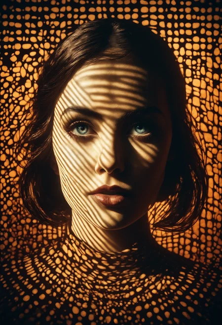cinematic film still of a woman with a shadow on her face casting shadow style cucoloris patterned illumination, shallow depth of field, vignette, highly detailed, high budget, bokeh, cinemascope, moody, epic, gorgeous, film grain, grainy
<lora:grainy-v1:0.8>