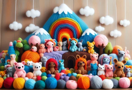 score_9, score_8_up, score_7_up, Yarnworld, rainbow colors, chibi animals, made of yarn, cute design,
colorful detailed background,