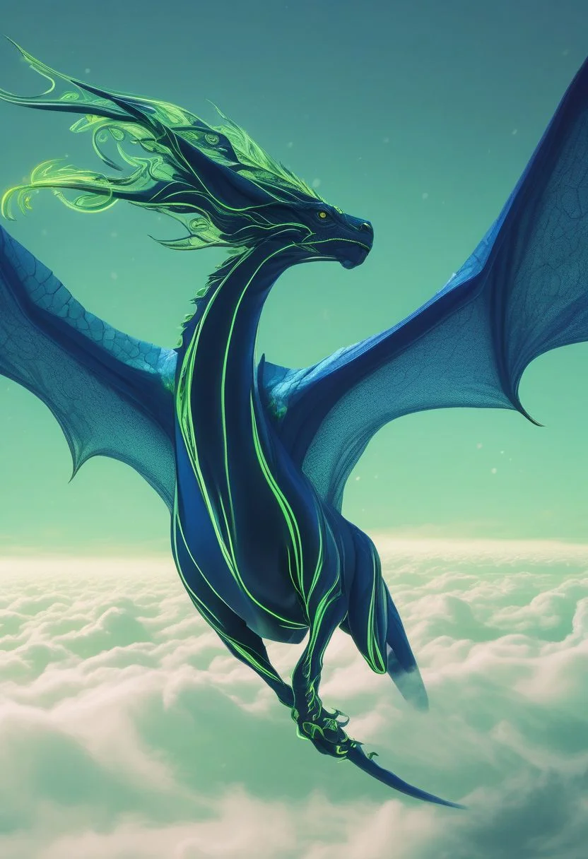 dark-blue wyvern flying on clear sky, happy vibes, sleek and aerodynamic body, two legs and wings, spread wings, wind gust pictured with smooth light-green lines and swirls, style-swirlmagic, easynegative, ethereal aesthetic composition, fantastic view, bad-picture-chill-75v