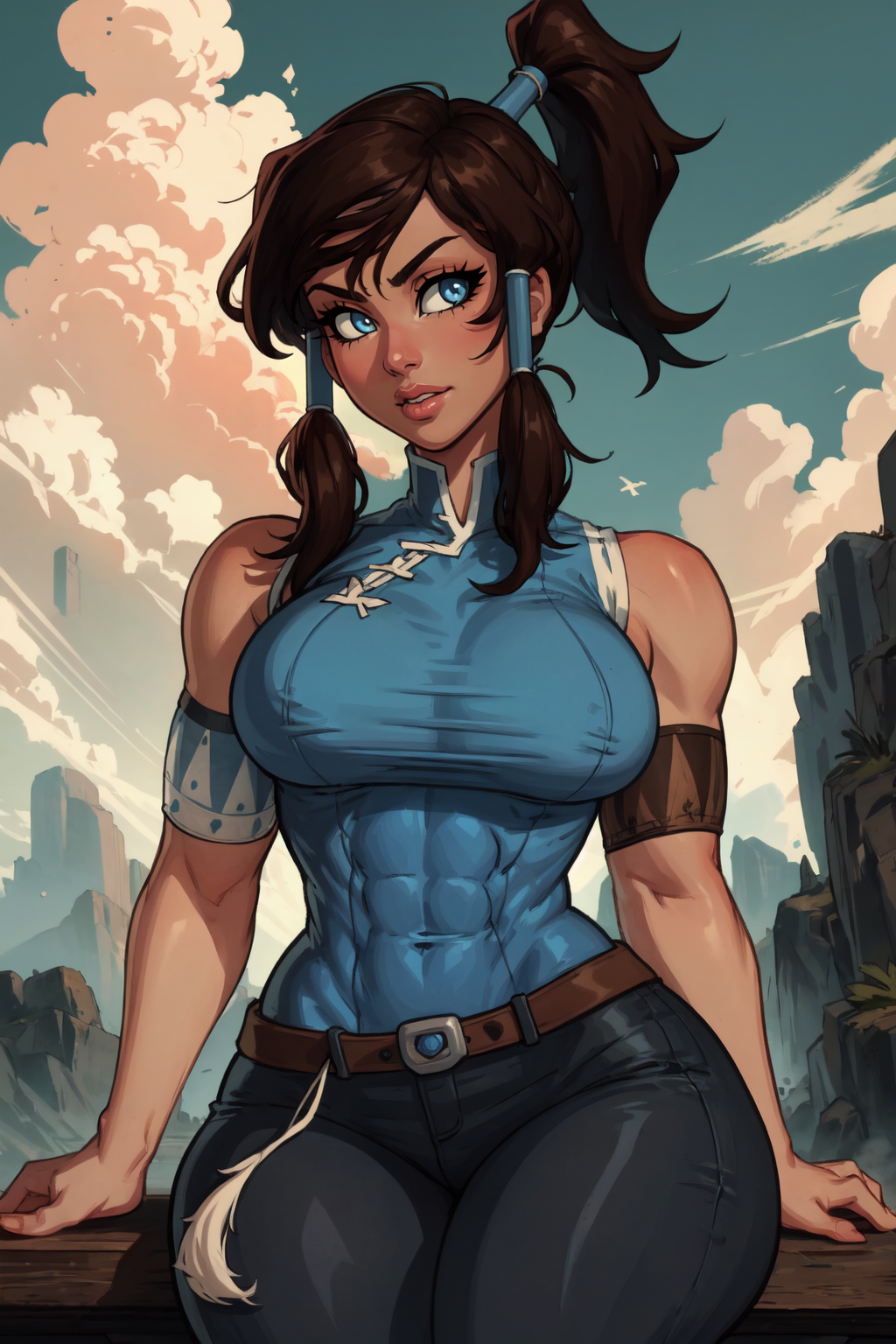 1girl, (solo:1.2), (cowboy shot:1.2), (looking at viewer:1.3),
<lora:Korra [justTNP - v1.0]:1> korra, dark skin, (dark-skinned female:1.2), pants, ponytail, hair tubes, sleeveless, bare shoulders, brown hair, blue eyes, toned, (muscular female), (large breasts:1.2), curvy
BREAK <lora:TangoBat [MockAi - v1.0]:0.85> tangobat, semi-traditional artstyle, (western artstyle), (vibrant colors:1.2), vivid
BREAK intricate details, (masterpiece:1.3), (best quality:1.3), (perfect anatomy:1.4) BREAK, (beautiful white clouds:1.3), puffy clouds, white sky