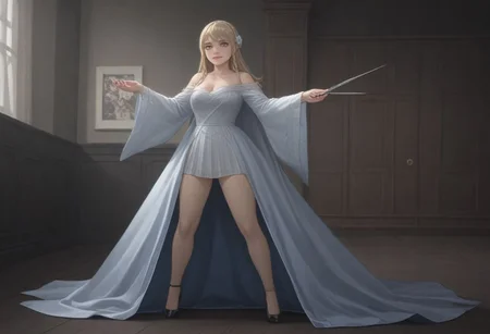 1 woman, yor briar, yor forgfer, holding iconic yellow sewing needle knives, wearing a blue Elsa dress, smiling, standing in an icy palace, black heels, big breasts with cleavage, elegant ballroom made of ice, squaring off against villains, saving Anya or Loid from distress, hair braided like Elsa, icy blue ballgown, dynamic pose