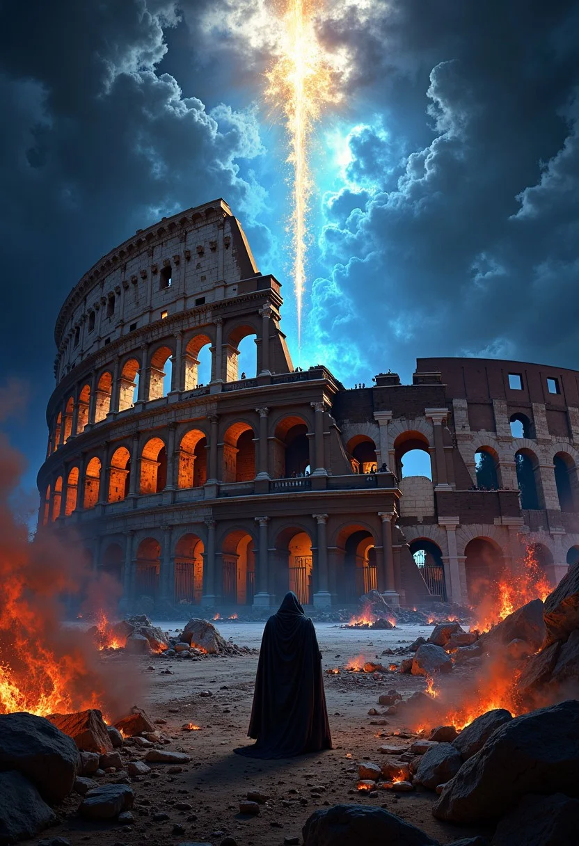 A grand, ancient Roman-style coliseum in the background, crumbling as neon blue and red smoke rises from its ruins. In the foreground, a cloaked figure stands alone, looking up at the collapsing symbol of human wisdom, as a divine light pierces through the dark clouds overhead, symbolizing the frustration of worldly intelligence.