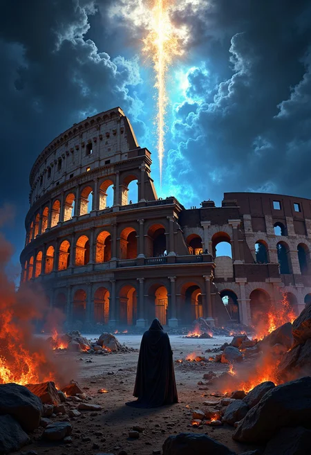 A grand, ancient Roman-style coliseum in the background, crumbling as neon blue and red smoke rises from its ruins. In the foreground, a cloaked figure stands alone, looking up at the collapsing symbol of human wisdom, as a divine light pierces through the dark clouds overhead, symbolizing the frustration of worldly intelligence.