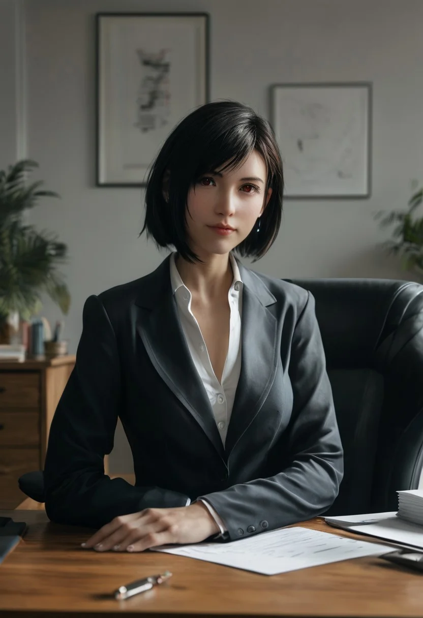 score_9, score_8_up, score_7_up, BREAK, (fit body, detailed eyes, detailed face, detailed background), (photorealistic, realistic, ultra realistic) ,Tifa,1girl, upper body,
in the office, she cross her arms over her chest, she is standing in the office, office background, desk, chair, she turn her head sideways and looking at viewer, calm expression, she open her eyes wide, mouth slightly open,
business suit, short black skirt, white silk chiffon top,
(short hair: 1.5),
