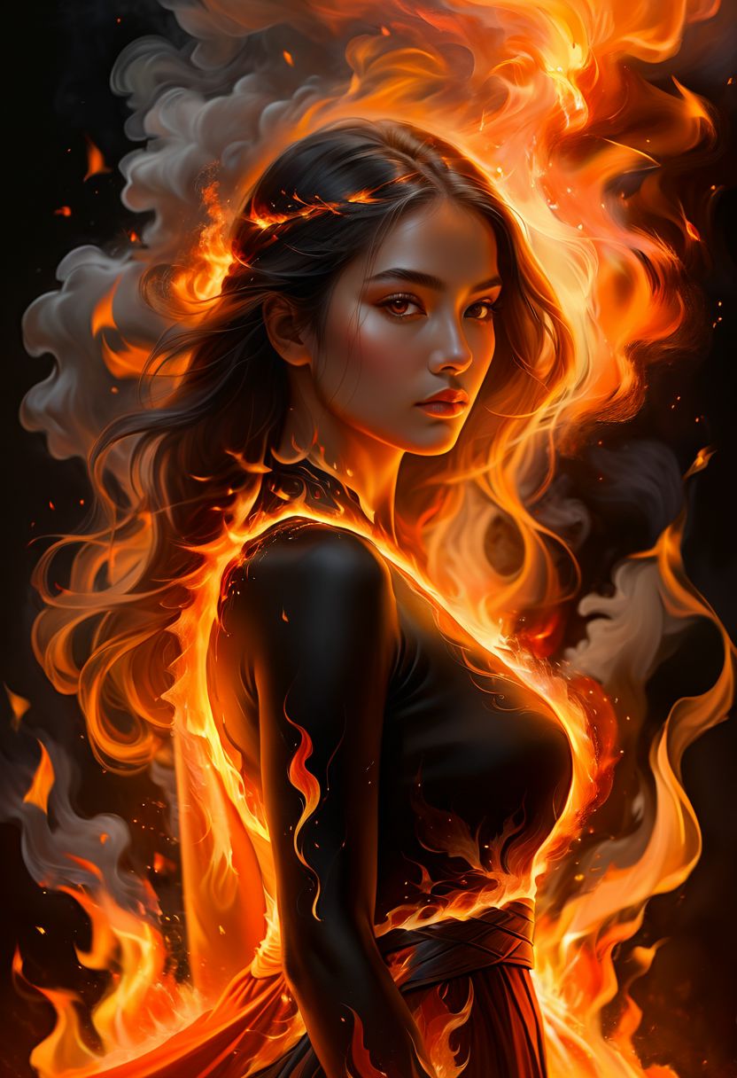 abstract beauty, approaching perfection, dynamic, highly detailed, digital painting, art station, concept art, smooth, sharp focus, illustration, good shadows, dim lit, devoid of color, orange red yellow and black colors, low light, backlight, hidden, obscured, masterpiece, best quality, intricate detailed, hyperrealistic, burning stunning beautiful fit woman, goddess of fire, in flames, ((fire element, composed of fire elements)), full body shot, in front of a volcano, witch, magical
