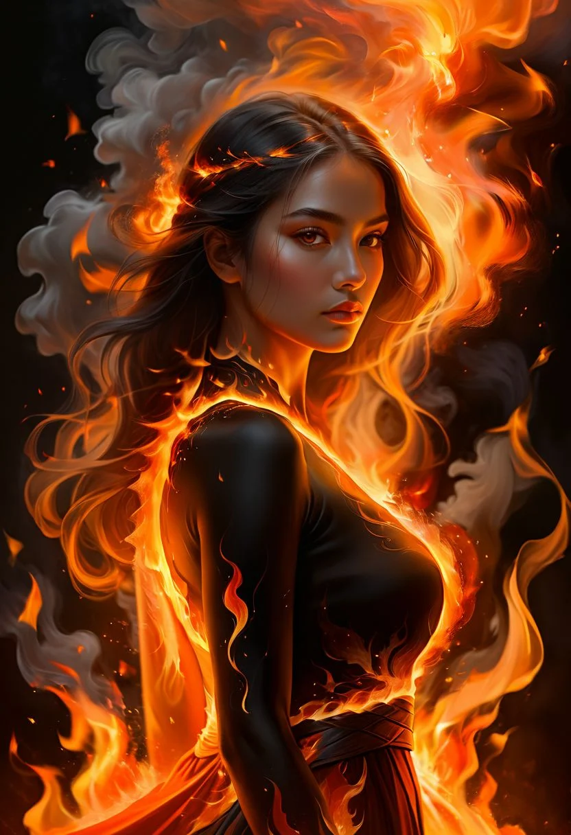 abstract beauty, approaching perfection, dynamic, highly detailed, digital painting, art station, concept art, smooth, sharp focus, illustration, good shadows, dim lit, devoid of color, orange red yellow and black colors, low light, backlight, hidden, obscured, masterpiece, best quality, intricate detailed, hyperrealistic, burning stunning beautiful fit woman, goddess of fire, in flames, ((fire element, composed of fire elements)), full body shot, in front of a volcano, witch, magical