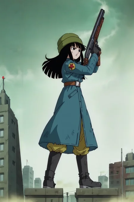 source_anime, score_9,score_8_up, score_7_up, <lora:mai_pony_v1:0.8>, anime screencap,
1girl, solo, long hair, black hair, gloves, hat\(mai\), weapon, black eyes, shotgun, parody, mai, steps, outdoors, ruined city, fog, building,