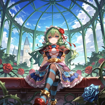 <lora:ChamIllustriousBackgroundEnhancer:0.5> <lora:illustrious_quality_modifiers_masterpieces_v1:0.8> ,  masterpiece, very aesthetic, absurdres, best quality, amazing quality, high resolution, newest, very awa, scenery, volumetric lighting, solo,  looking at viewer,  <lora:ToraIllustrious:0.8> , tordef, 1girl, solo, long hair, green hair, black sclera, blue eyes, hair flower, blue rose, hair ribbon, black capelet, frilled capelet, cross-laced clothes, red bowtie, frilled hairband, layered dress, collared dress, frilled dress, juliet sleeves, yellow armlet, spiked armlet, yellow belt, spiked belt, wrist cuffs, horizontal-striped thighhighs, yellow anklet, spiked anklet, high heels, plant, thorns, vines, interior, greenhouse, rose garden, blue sky, clouds, mansion, by yu hydra, sitting, anger, shaded face, crossed legs, large breasts,